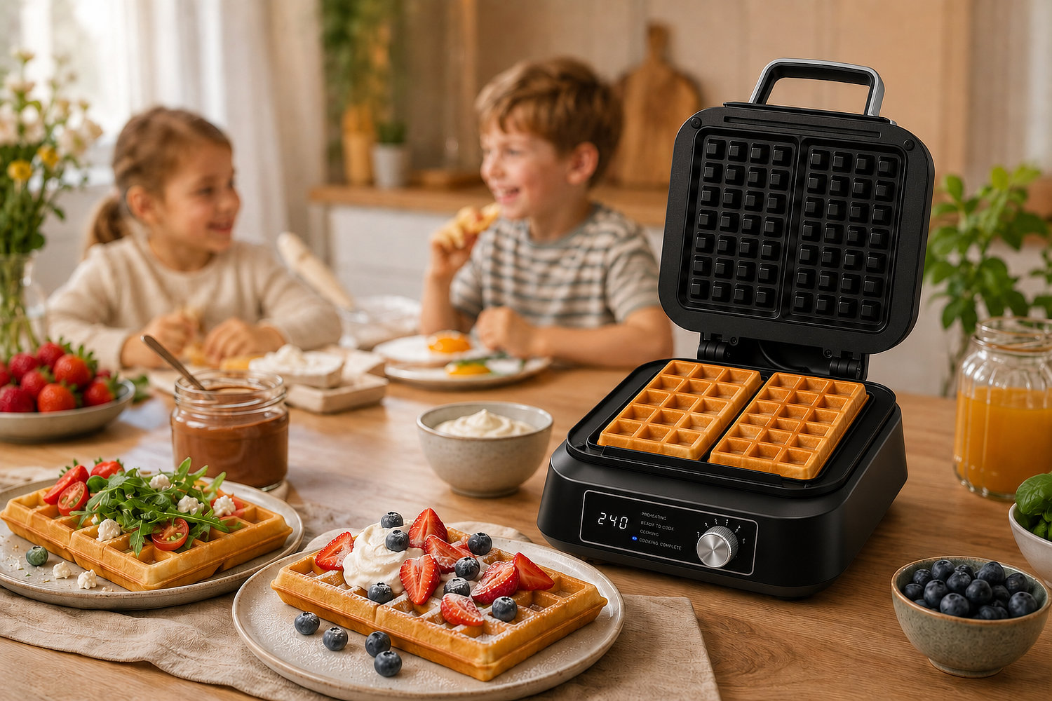 Duże prostokątne gofry 10,5 x 17,5 cm przygotowane w gofrownicy SmartWaffles Transa Electronics